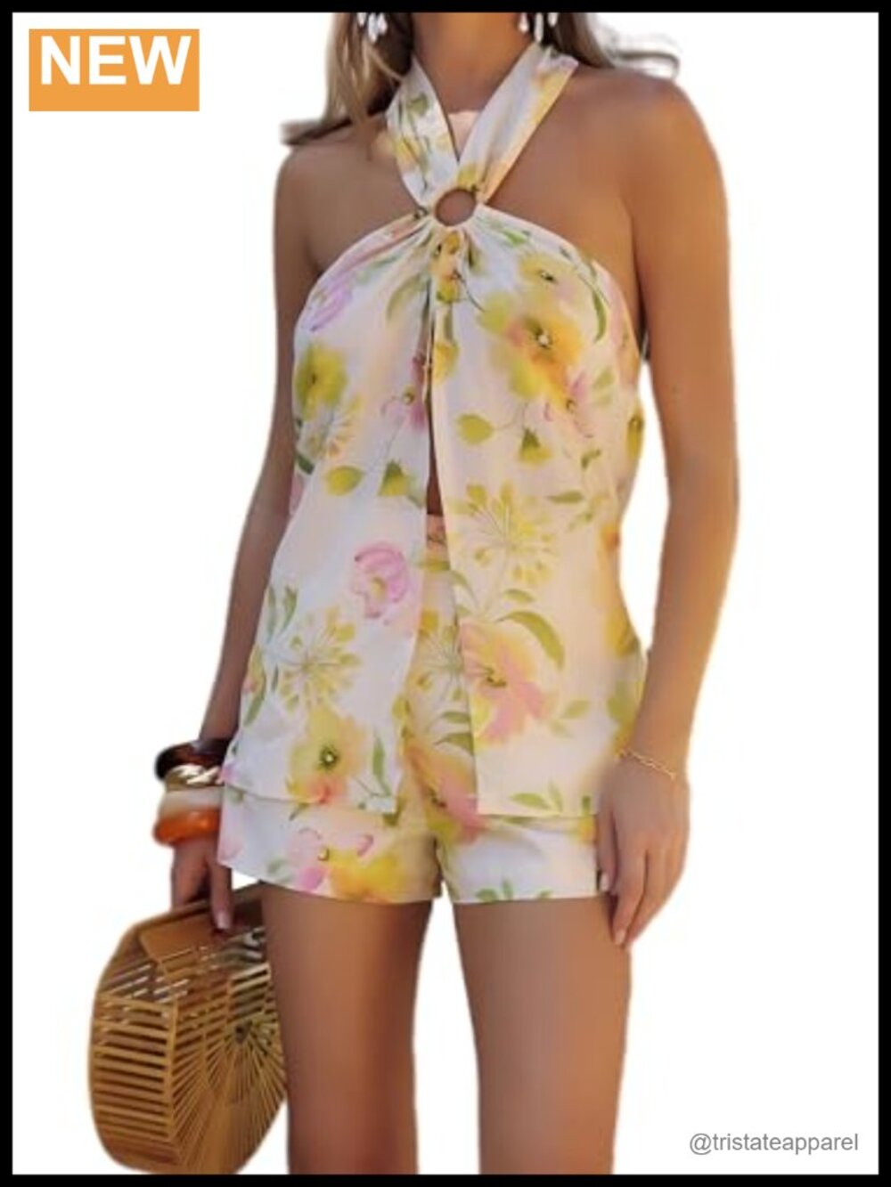 Women's 2 Piece Halter Top and High Waisted Shorts Set Polyester Summer